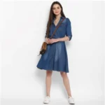 Women's Denim Solid Roll Up Sleeve Dress (Blue) - Image 4