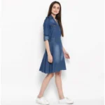 Women's Denim Solid Roll Up Sleeve Dress (Blue) - Image 3