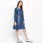 Women's Denim Washed Regular Sleeves Dress (Blue) - Image 3