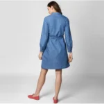 Women's Denim Solid Roll Up Sleeve Dress (Blue) - Image 5