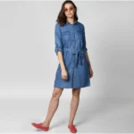 Women's Denim Solid Roll Up Sleeve Dress (Blue) - Image 4