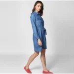 Women's Denim Solid Roll Up Sleeve Dress (Blue) - Image 3