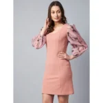 Women's Polyester Lycra And Organza Floral Balloon Sleeve Dress (Pink) - Image 3