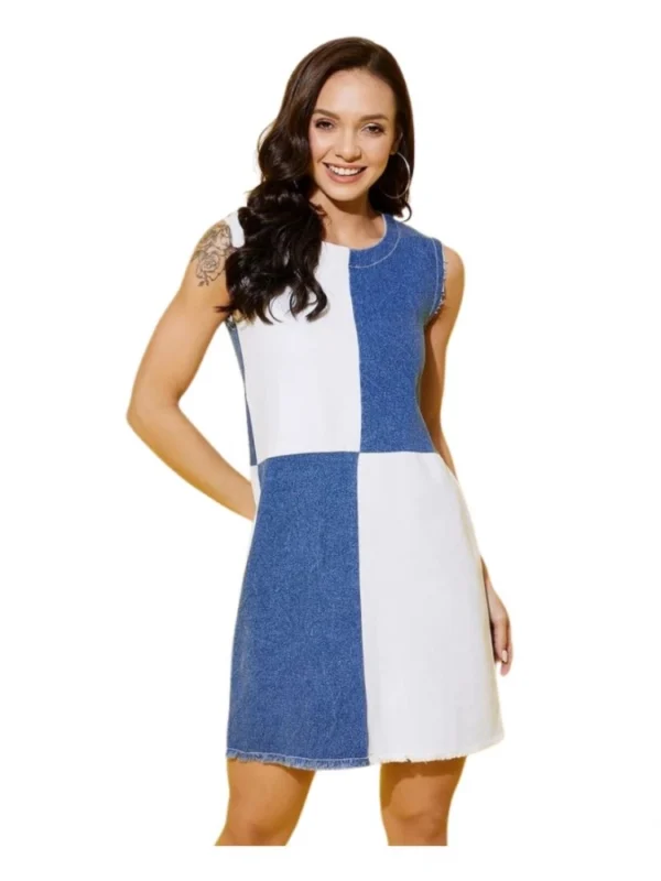 Women's Denim Color Blocking Sleeveless Dress (Blue)