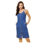 Women's Denim Washed Shoulder Straps Dress (Blue)
