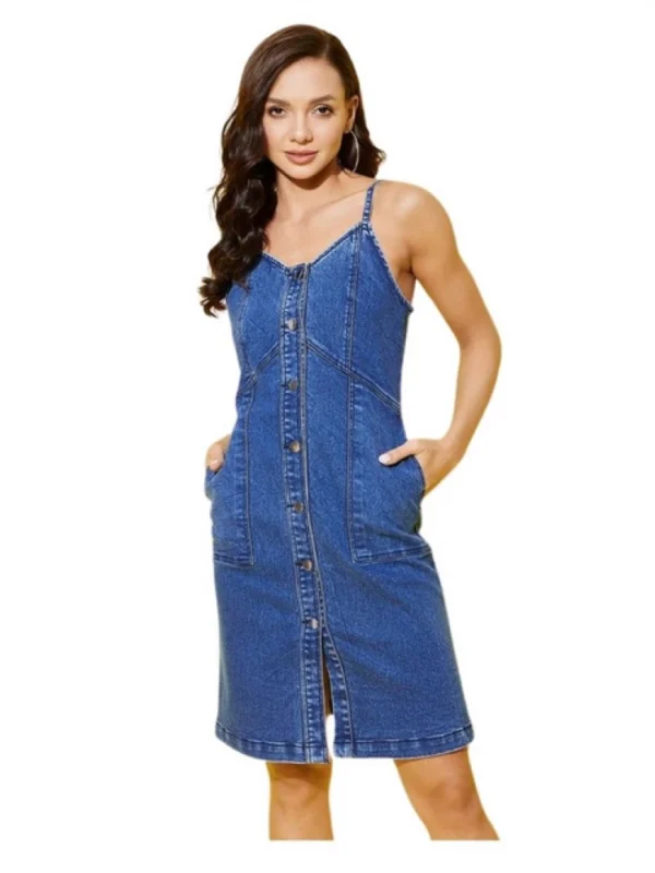 Women's Denim Washed Shoulder Straps Dress (Blue)