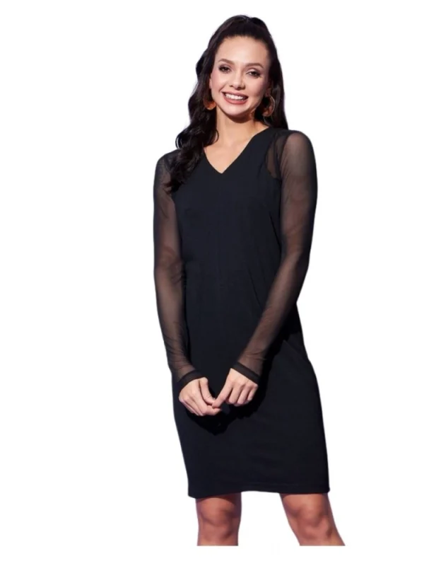 Women's Polyester And Net Solid Long Sleeves Dress (Black)