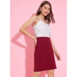 Women's Polyester Lycra Color Blocking Shoulder Straps Dress (White - Maroon) - Image 3