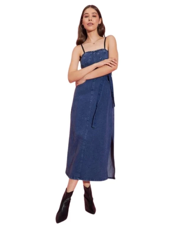 Women's Denim Solid Shoulder Straps Dress (Blue)