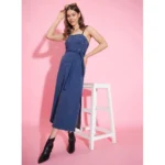 Women's Denim Solid Shoulder Straps Dress (Blue) - Image 4