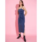 Women's Denim Solid Shoulder Straps Dress (Blue) - Image 3