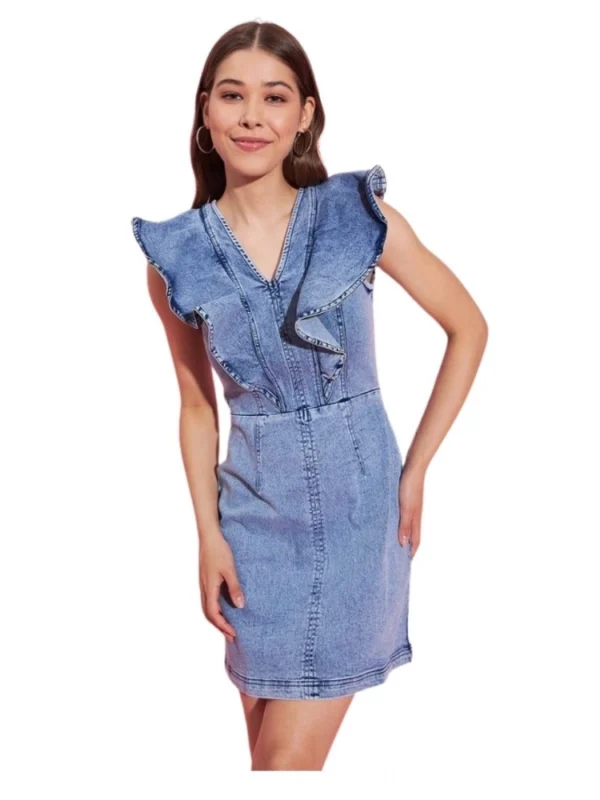 Women's Denim Solid Flutter Sleeve Dress (Blue)