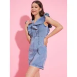 Women's Denim Solid Flutter Sleeve Dress (Blue) - Image 4