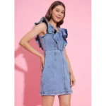 Women's Denim Solid Flutter Sleeve Dress (Blue) - Image 3