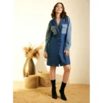 Women's Denim Color Blocking Roll Up Dress (Blue) - Image 5
