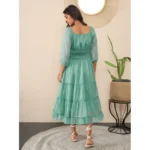 Women's Chiffon Solid Puff Sleeve Dress (Green) - Image 4