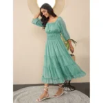 Women's Chiffon Solid Puff Sleeve Dress (Green) - Image 3