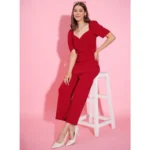Women's Polyester Lycra Solid Puff Sleeve Jumpsuit (Red) - Image 5