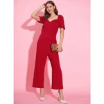 Women's Polyester Lycra Solid Puff Sleeve Jumpsuit (Red) - Image 4