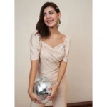 Women's Polyester Shimmer Self Design Short Sleeve Jumpsuit (Gold) - Image 5