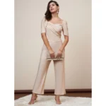 Women's Polyester Shimmer Self Design Short Sleeve Jumpsuit (Gold) - Image 4