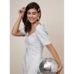 Women's Polyester Shimmer Self Design Short Sleeve Jumpsuit (Silver) - Image 5