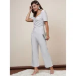 Women's Polyester Shimmer Self Design Short Sleeve Jumpsuit (Silver) - Image 4