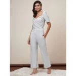 Women's Polyester Shimmer Self Design Short Sleeve Jumpsuit (Silver) - Image 3