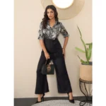 Women's Satin And Polyester Floral Half Sleeves Jumpsuit (Grey - Black) - Image 3