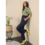 Women's Polyester Floral Half Sleeves Jumpsuit (Navy - Yellow) - Image 4