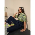Women's Polyester Floral Half Sleeves Jumpsuit (Navy - Yellow) - Image 3