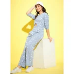 Girl's Cotton Printed 3-4th Sleeve Jumpsuit (Blue - White) - Image 4