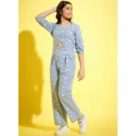 Girl's Cotton Printed 3-4th Sleeve Jumpsuit (Blue - White) - Image 3