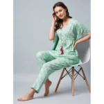 Women's Rayon Floral Kaftan Sleeve Night Suit (Green - Pink) - Image 2