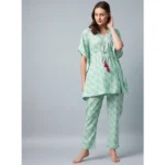 Women's Rayon Floral Kaftan Sleeve Night Suit (Green - Pink) - Image 3