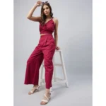 Women's Cotton Linen Solid Sleeveless Crop Top and Palazzo Set (Maroon) - Image 5