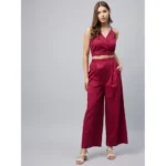 Women's Cotton Linen Solid Sleeveless Crop Top and Palazzo Set (Maroon) - Image 4