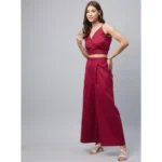 Women's Cotton Linen Solid Sleeveless Crop Top and Palazzo Set (Maroon) - Image 3