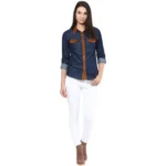 Women's Denim Cotton based Solid Long Sleeves Shirt (Blue) - Image 4