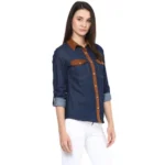 Women's Denim Cotton based Solid Long Sleeves Shirt (Blue) - Image 3