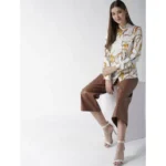 Women's Satin Printed Long Sleeves Shirt (White-Gold) - Image 4