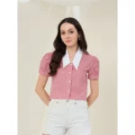 Women's Cotton Checkered Half Sleeve Shirt (Red - White) - Image 5