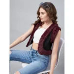 Women's Denim And Fur Solid Sleeveless Shrug (Black - Maroon) - Image 2