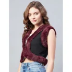 Women's Denim And Fur Solid Sleeveless Shrug (Black - Maroon) - Image 3