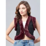 Women's Denim And Fur Solid Sleeveless Shrug (Black - Maroon) - Image 5