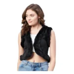 Women's Denim And Fur Solid Sleeveless Shrug (Black)