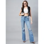 Women's Denim And Fur Solid Sleeveless Shrug (Black) - Image 2