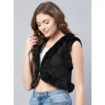 Women's Denim And Fur Solid Sleeveless Shrug (Black) - Image 3