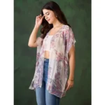 Women's Chiffon Printed Short Sleeves Shrug (White - Purple) - Image 2