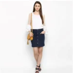 Women's Denim Front Button Buttoned Skirt (Blue) - Image 4